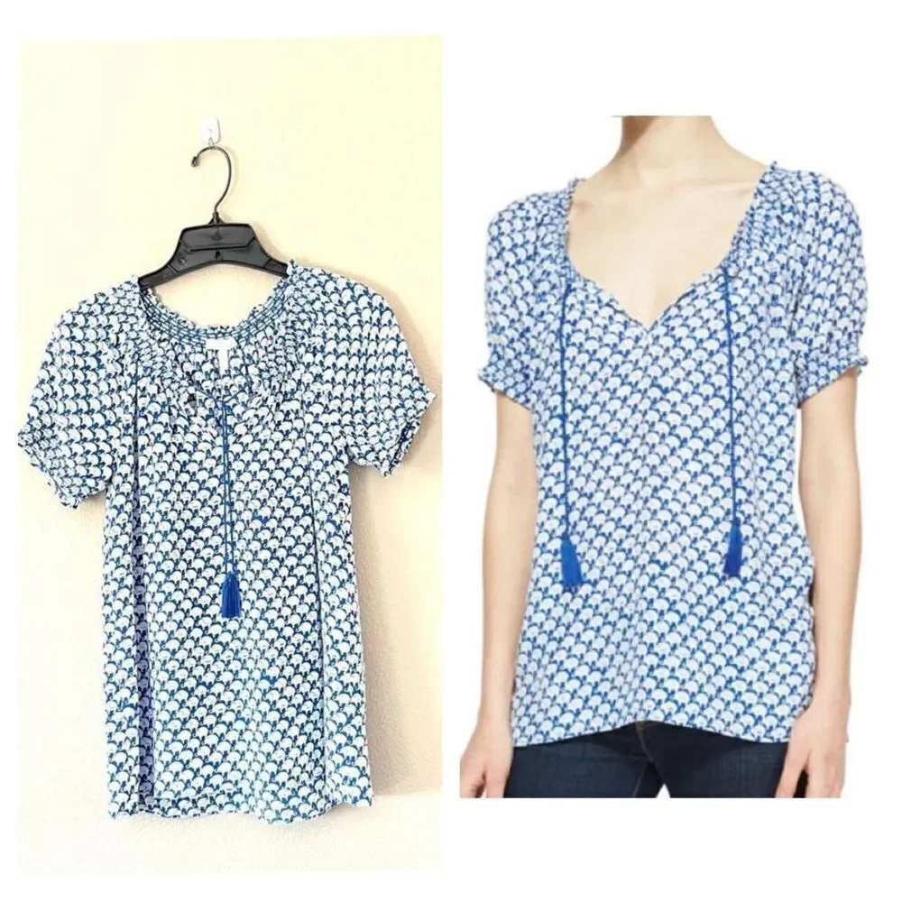 Joie Masha 100% Silk Elephant Print Tassel Blouse